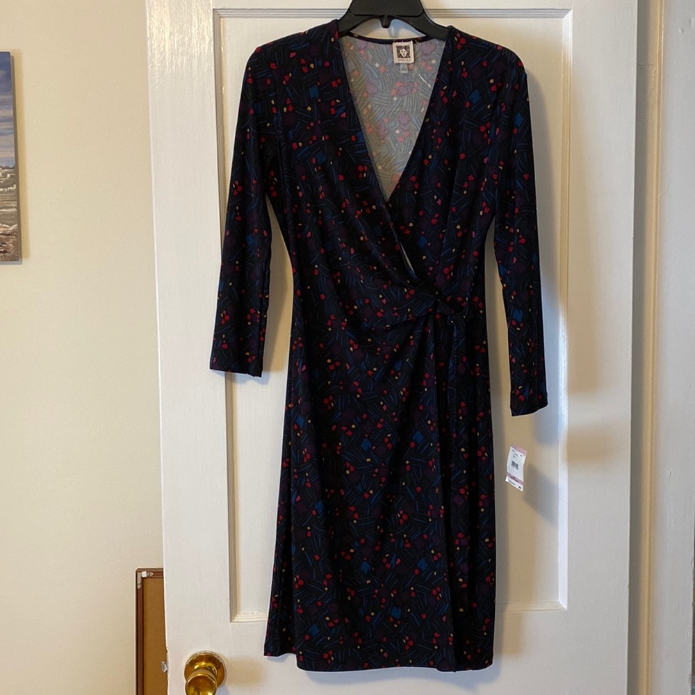 NWT Mod Print Faux Wrap Anne Klein Midi Sheath Dress w/ Adjustable Waist Tie, 6